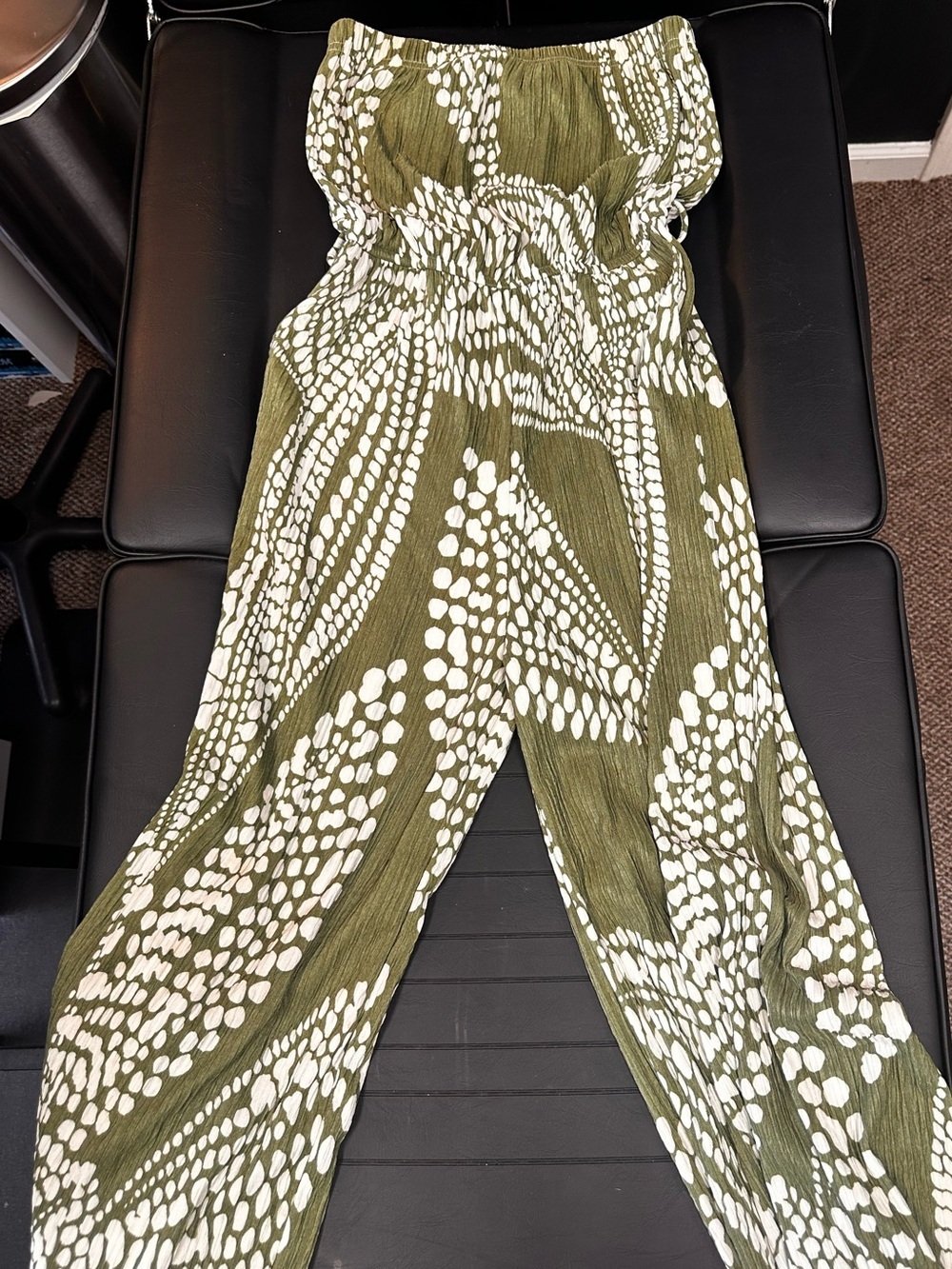 Olive Green Strapless Wide-Leg Jumpsuit with White Abstract Spot Print